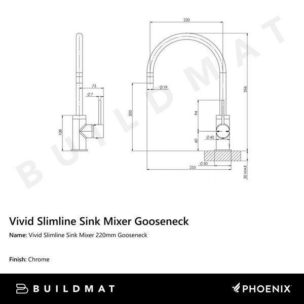 Phoenix Vivid Slimline Sink Mixer 220mm Gooseneck Chrome