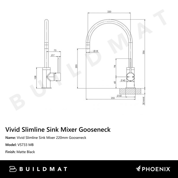 Phoenix Vivid Slimline Sink Mixer 220mm Gooseneck Matte Black