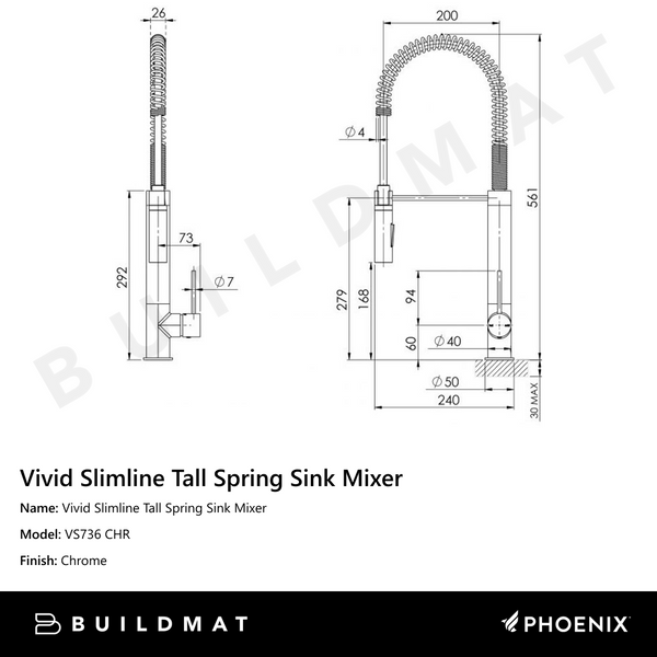 Phoenix Vivid Slimline Tall Spring Sink Mixer 200mm Chrome