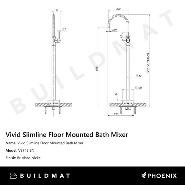 Phoenix Vivid Slimline Floor Mounted Bath Mixer Brushed Nickel