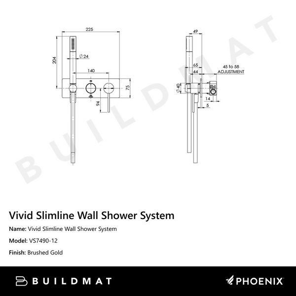 Phoenix Vivid Slimline Wall Shower System Brushed Gold
