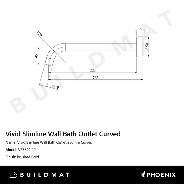 Phoenix Vivid Slimline Bath Outlet 230mm Curved Brushed Gold