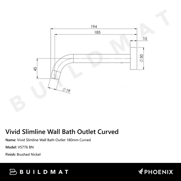 Phoenix Vivid Slimline Wall Bath Outlet 180mm Curved Brushed Nickel