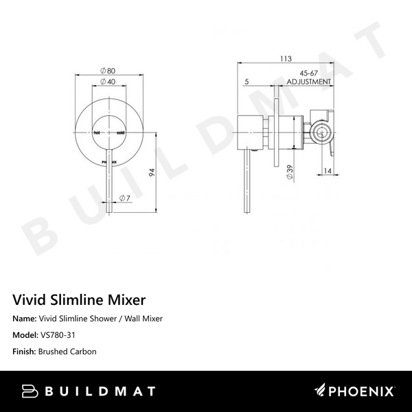 Phoenix Vivid Slimline Shower / Wall Mixer Brushed Carbon