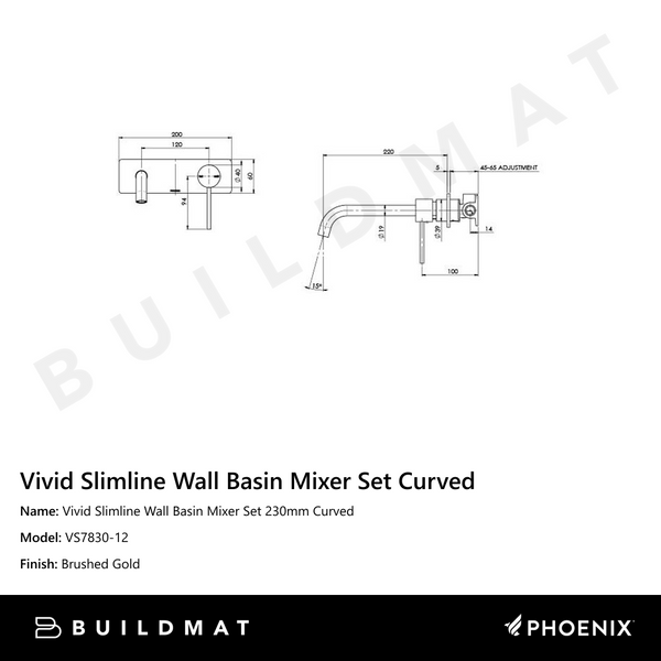 Phoenix Vivid Slimline Wall Basin Mixer Set 230mm Curved Brushed Gold