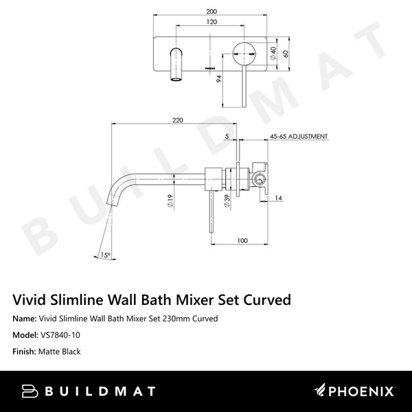Phoenix Vivid Slimline Wall Bath Mixer Set 230mm Curved Matte Black
