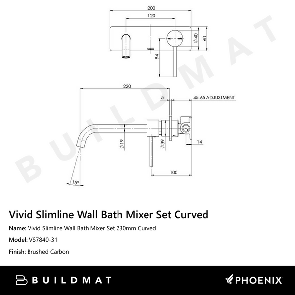 Phoenix Vivid Slimline Wall Bath Mixer Set 230mm Curved Brushed Carbon