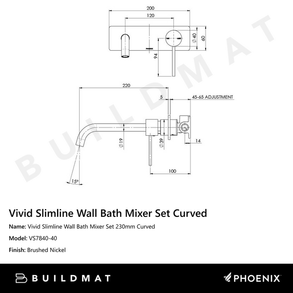 Phoenix Vivid Slimline Wall Bath Mixer Set 230mm Curved Brushed Nickel