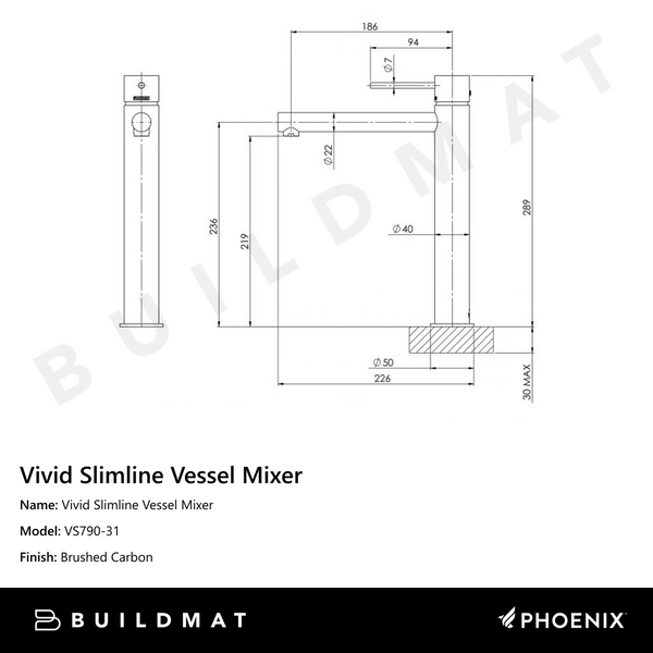 Phoenix Vivid Slimline Vessel Mixer Brushed Carbon