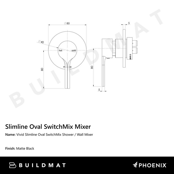 Phoenix Vivid Slimline Oval SwitchMix Shower / Wall Mixer Fit-Off Kit  Matte Black