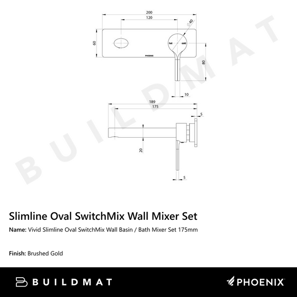Phoenix Vivid Slimline Oval SwitchMix Wall Basin / Bath Mixer Set 175mm Brushed Gold (Complete kit)