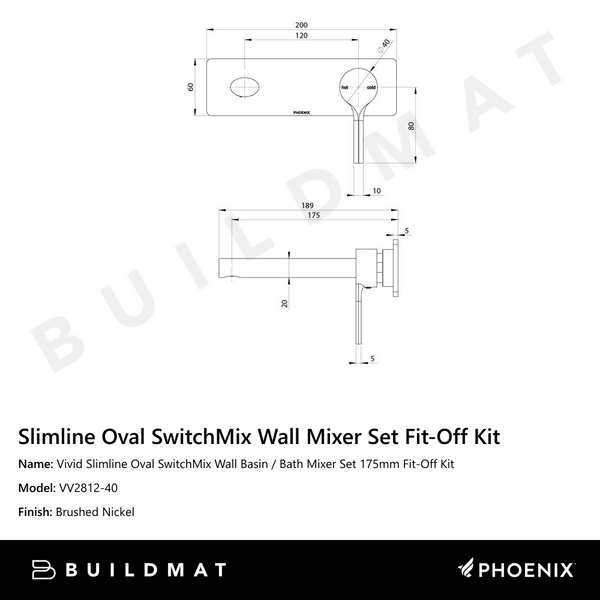 Phoenix Vivid Slimline Oval SwitchMix Wall Basin / Bath Mixer Set 175mm Fit-Off Kit Brushed Nickel