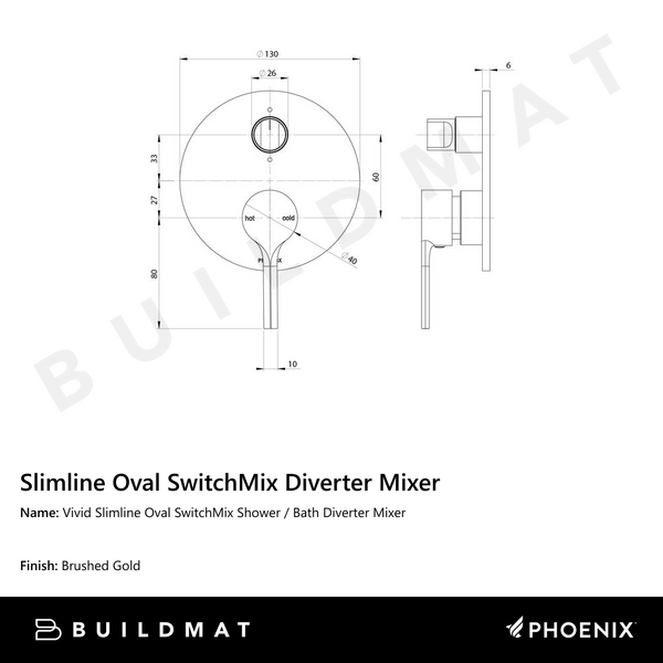 Phoenix Vivid Slimline Oval SwitchMix Shower / Bath Diverter Mixer Brushed Gold (Complete Kit)