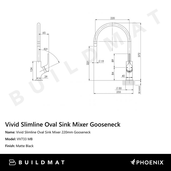 Phoenix Vivid Slimline Oval Sink Mixer 220mm Gooseneck Matte Black