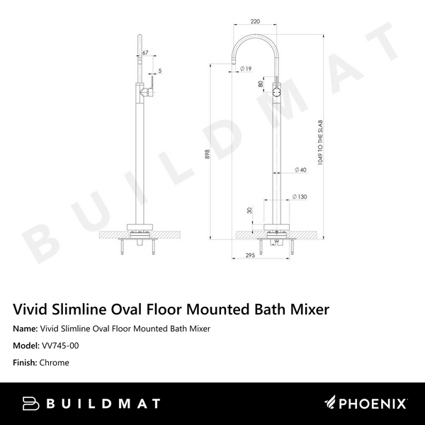 Phoenix Vivid Slimline Oval Floor Mounted Bath Mixer Chrome