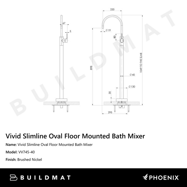 Phoenix Vivid Slimline Oval Floor Mounted Bath Mixer Brushed Nickel