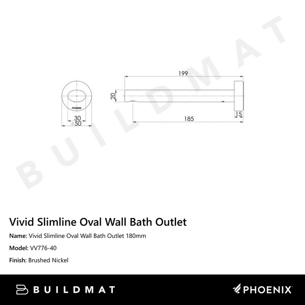Phoenix Vivid Slimline Oval Wall Bath Outlet 180mm Brushed Nickel