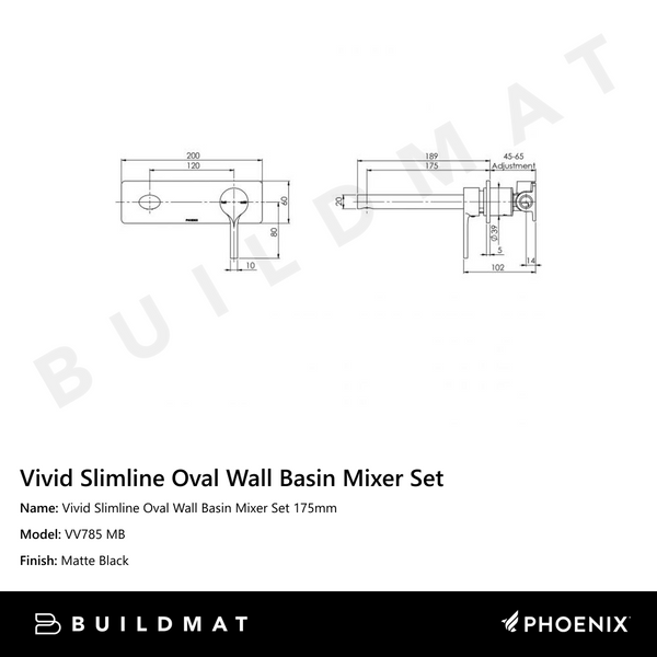 Phoenix Vivid Slimline Oval Wall Basin Mixer Set 175mm Matte Black