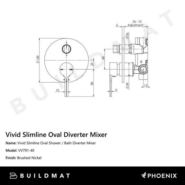 Phoenix Vivid Slimline Oval Shower / Bath Diverter Mixer Brushed Nickel