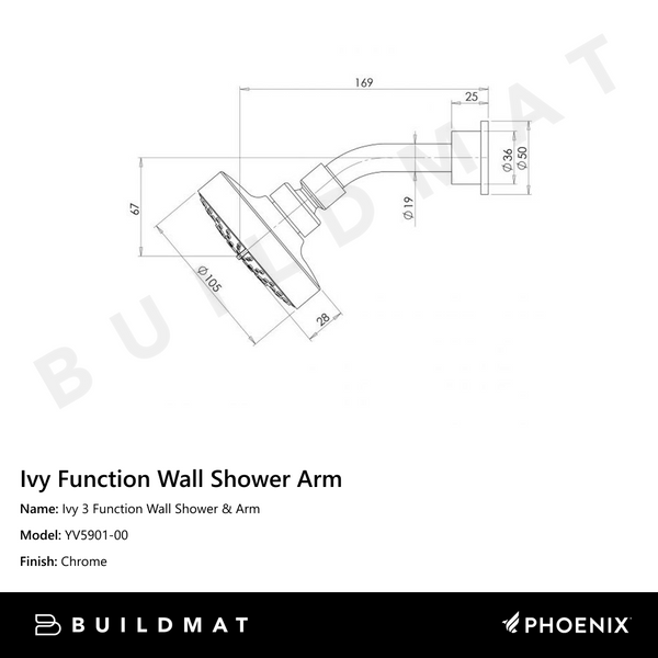 Phoenix Ivy 3 Function Wall Shower & Arm Chrome