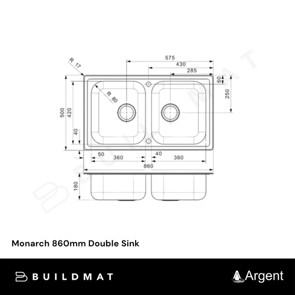 Argent Monarch 860mm Double Sink Stainless Steel