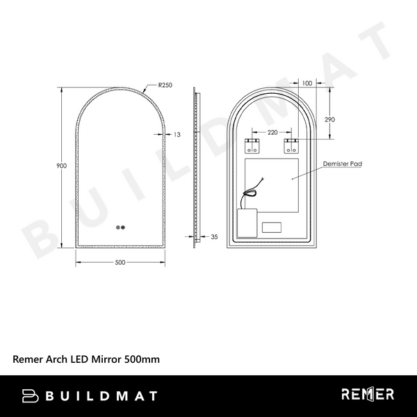 Remer Arch LED Mirror 500mm Georgian Metal