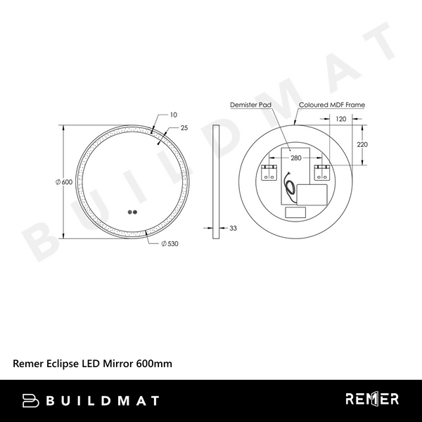 Remer Eclipse LED Mirror 600mm Manhattan Black