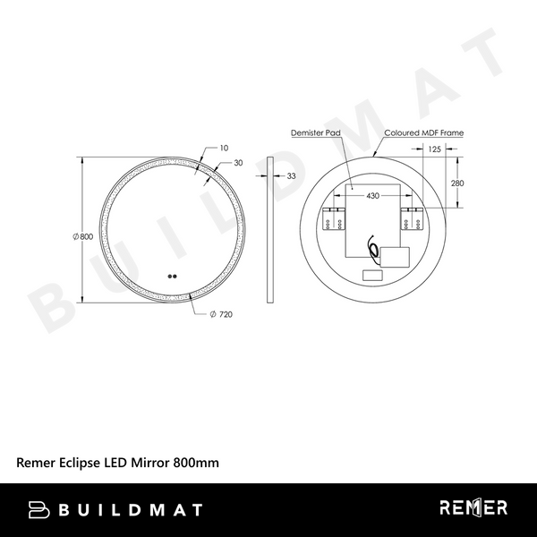 Remer Eclipse LED Mirror 800mm Manhattan Black