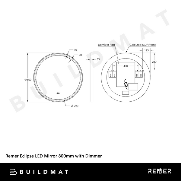 Remer Eclipse LED Mirror 800mm Manhattan Black with Dimmer