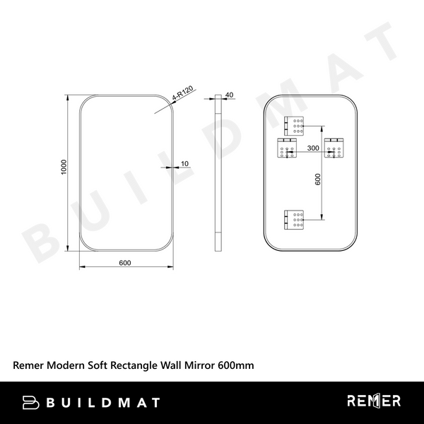 Remer Modern Soft Rectangle Wall Mirror 600mm Baltic Brass