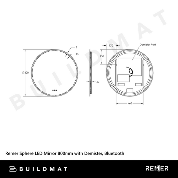 Remer Sphere LED Mirror 800mm Brits Nickel