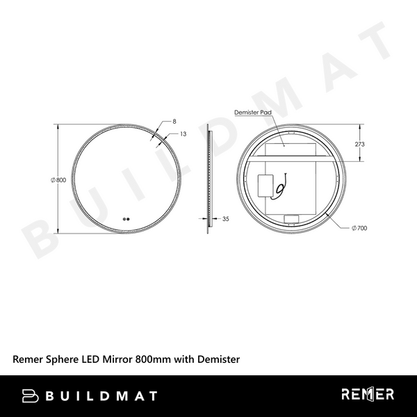 Remer Sphere LED Mirror 800mm Manhattan Black