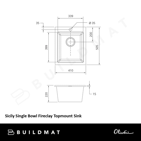 Oliveri Sicily Single Bowl Fireclay Topmount Sink White