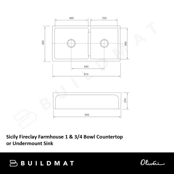 Oliveri Sicily Fireclay Farmhouse 1 & 3/4 Bowl Countertop or Undermount Sink White