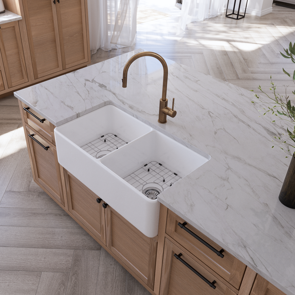 Alma Bronwen 835x459 Gloss White Farmhouse Fireclay Double Bowl Sink