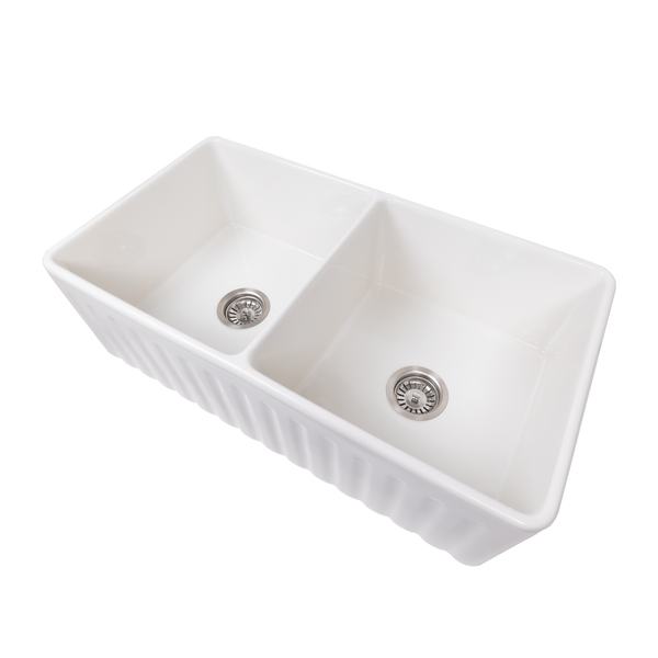 Alma Bronwen 835x459 Gloss White Farmhouse Fireclay Double Bowl Sink