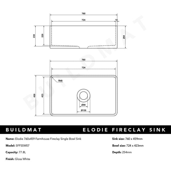 Alma Elodie 760x459 Gloss White Farmhouse Fireclay Single Bowl Sink