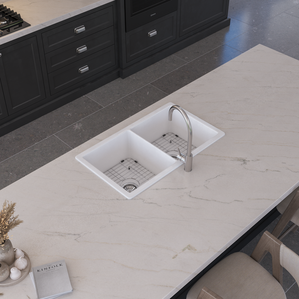 Alma Fleur 813x483 Gloss White Fireclay Double Bowl Sink