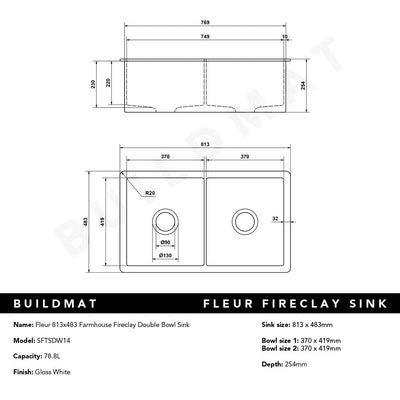 Fleur 813x483 Gloss White Fireclay Double Bowl Sink