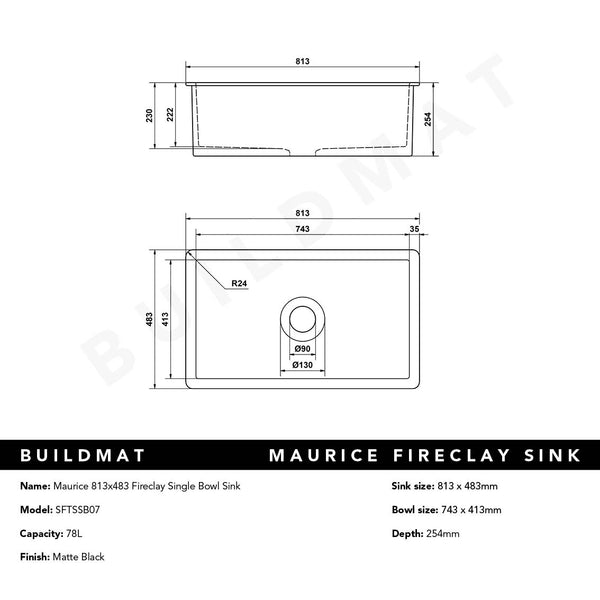 Alma Maurice 813x483 Matte Black Fireclay Single Bowl Sink