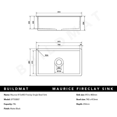 Maurice 813x483 Matte Black Fireclay Single Bowl Sink