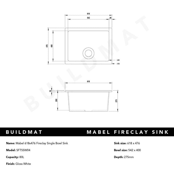 Alma Mabel 618x476 Gloss White Fireclay Single Bowl Sink
