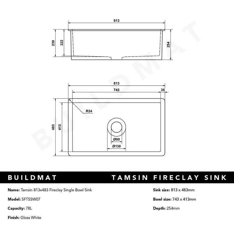 Tamsin 813x483 Gloss White Fireclay Single Bowl Sink