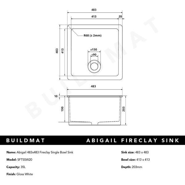 Alma Abigail 483x483 Gloss White Fireclay Single Bowl Sink