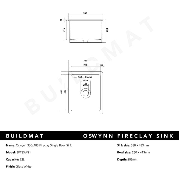 Alma Oswynn 330x483 Gloss White Fireclay Single Bowl Sink