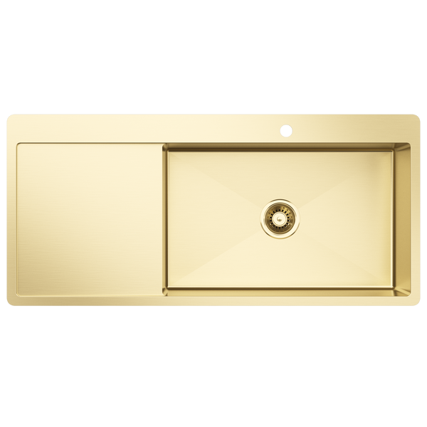 Alma Brushed Brass Gold Iver 1080x500 Single Bowl Tap Landing with Left Drain Board Sink