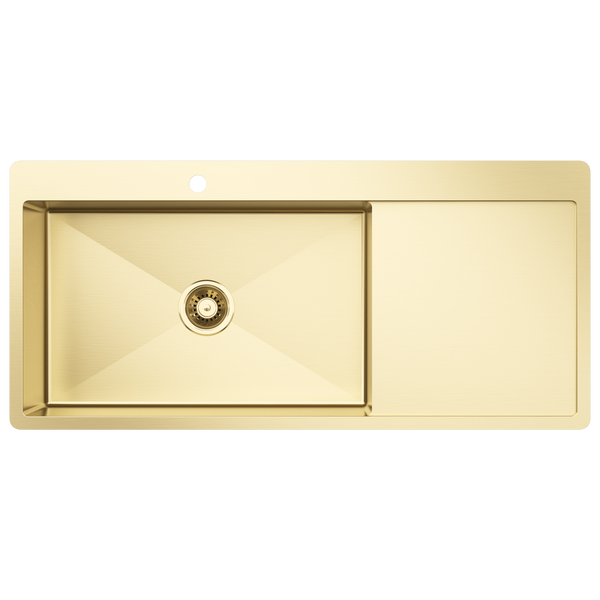 Alma Brushed Brass Gold Iver 1080x500 Single Bowl Tap Landing with Right Drain Board Sink