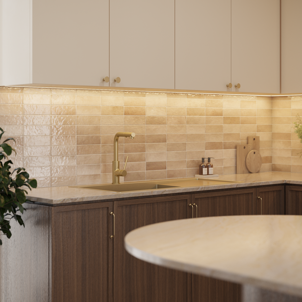 Alma Brushed Brass Gold Iver 1080x500 Single Bowl Tap Landing with Right Drain Board Sink