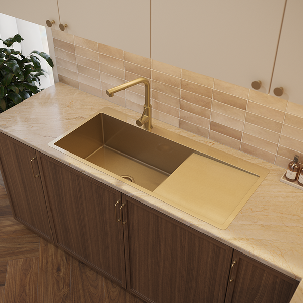 Alma Brushed Brass Gold Iver 1080x500 Single Bowl Tap Landing with Right Drain Board Sink
