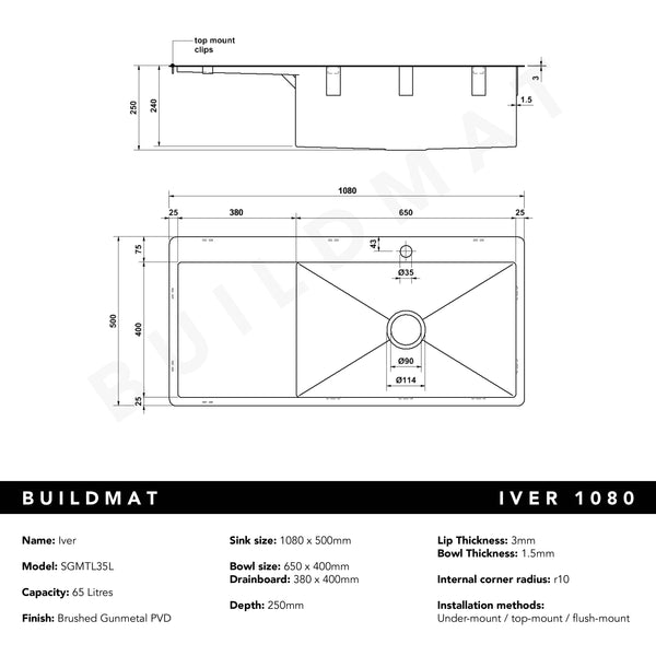 Alma Brushed Gunmetal Iver 1080x500 Single Bowl Tap Landing with Left Drain Board Sink